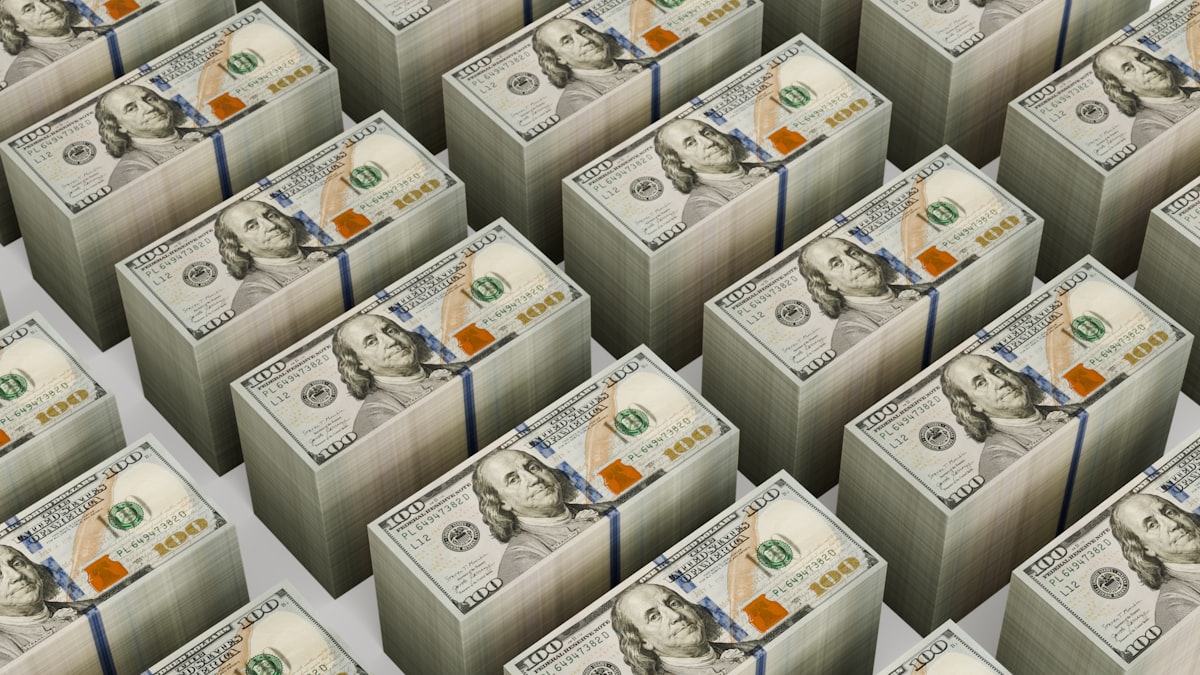 Neat stacks of banded hundred-dollar bills